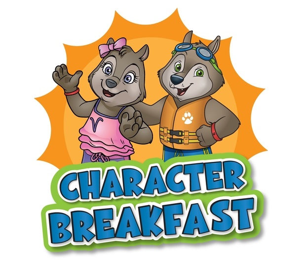 The logo for Character Breakfast at Great Wolf Lodge indoor water park and resort.